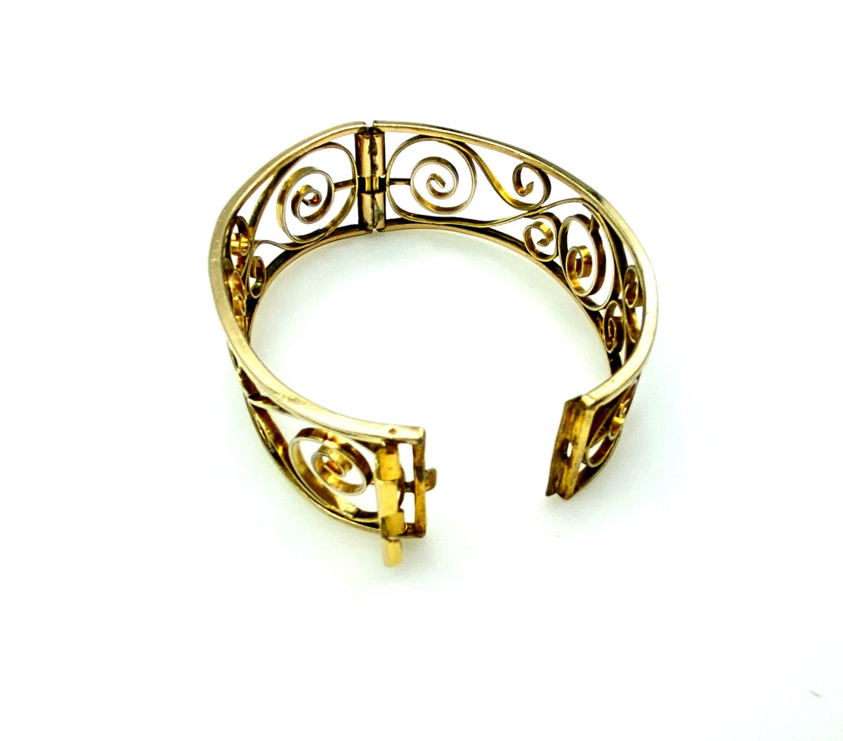 Gold Art Deco Open Scroll Work Bangle Bracelet - 24 Wishes Vintage Jewelry