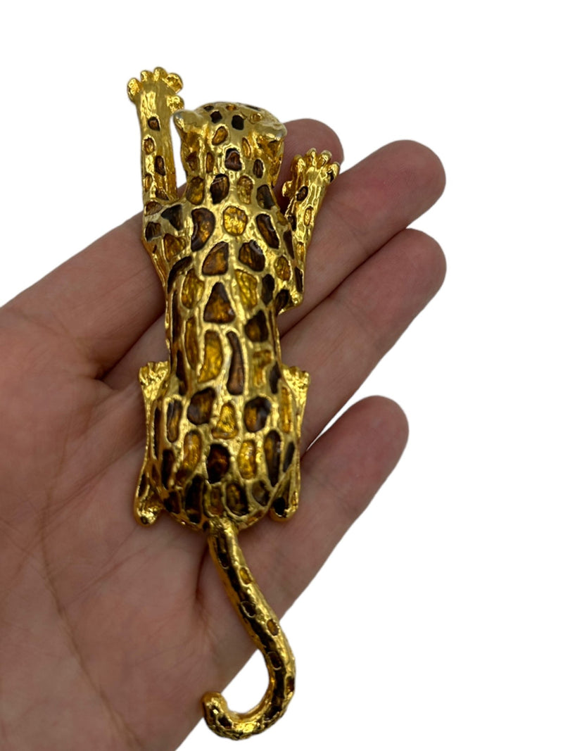 Gold Big Cat Brown Enamel Vintage Brooch Pin - 24 Wishes Vintage Jewelry
