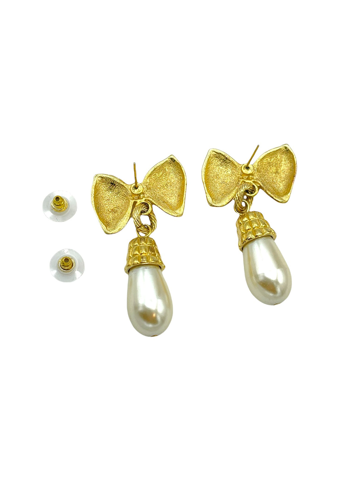 Gold Bow Pearl Drop Vintage Pierced Earrings - 24 Wishes Vintage Jewelry
