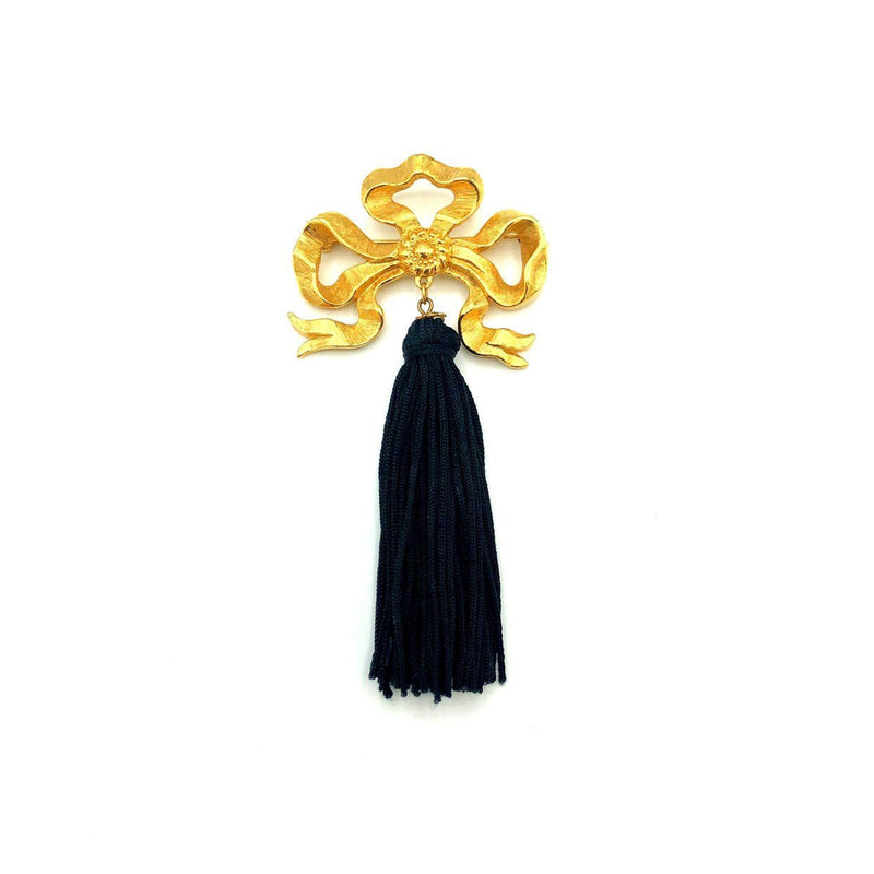 Gold Bow Ribbon & Black Tassel Vintage Brooch - 24 Wishes Vintage Jewelry