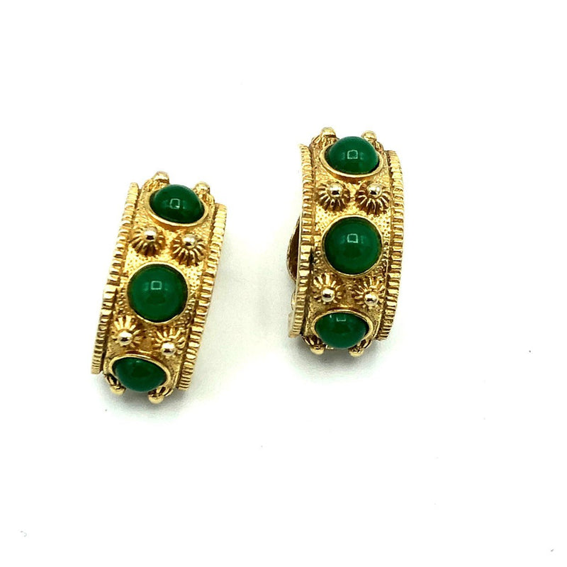 Gold Byzantine Cabochon Nettie Rosenstein Vintage Clip-On Earrings - 24 Wishes Vintage Jewelry