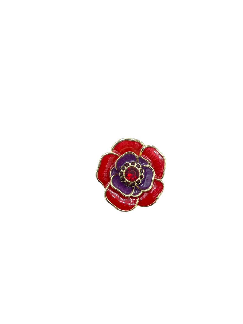 Gold Classic Liz Claiborne Red Enamel Flower Vintage Brooch - 24 Wishes Vintage Jewelry