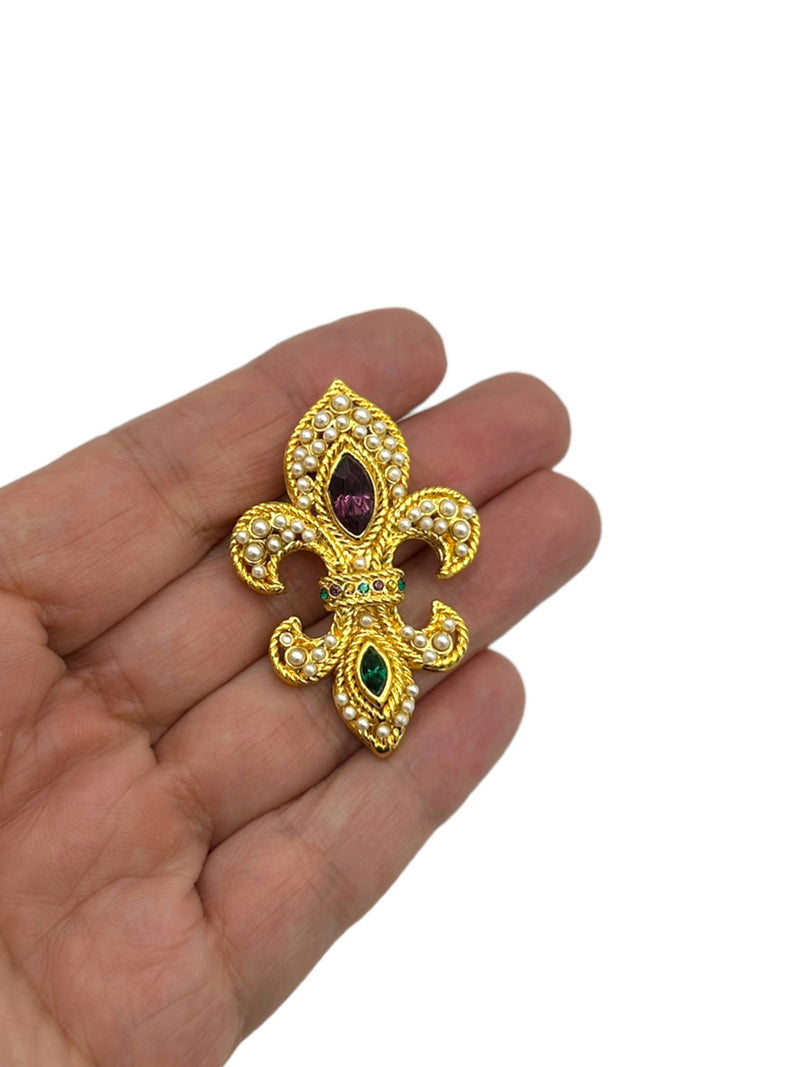 Gold Classic Pearl Purple & Green Rhinestone Fleur-De-Lis Brooch Pendant - 24 Wishes Vintage Jewelry