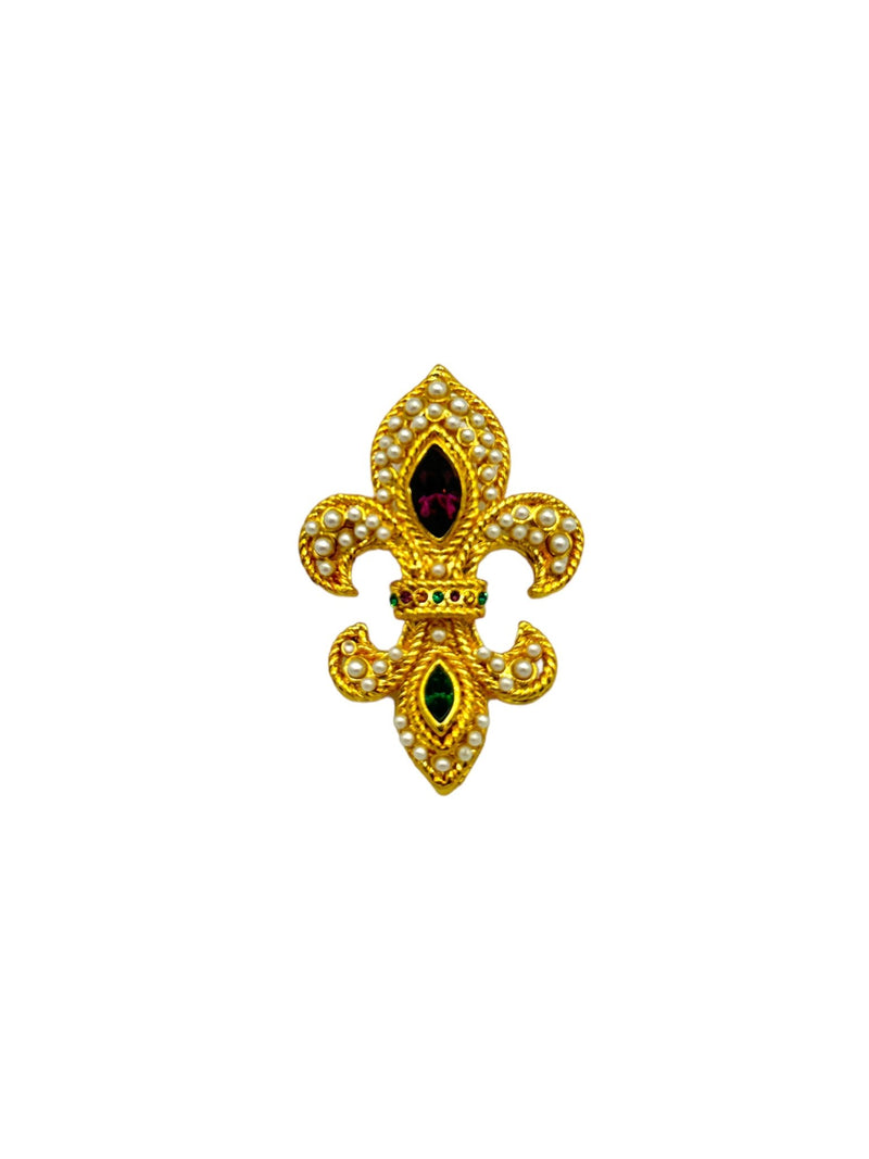 Gold Classic Pearl Purple & Green Rhinestone Fleur-De-Lis Brooch Pendant - 24 Wishes Vintage Jewelry