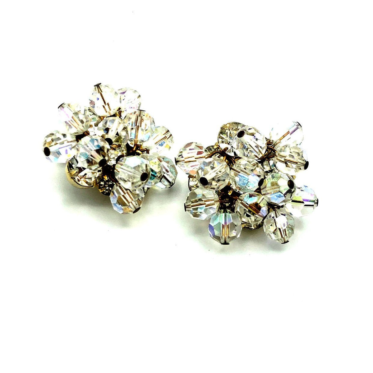 Gold Cluster Clear Crystal & Rhinestone Vintage Clip-On Earrings - 24 Wishes Vintage Jewelry