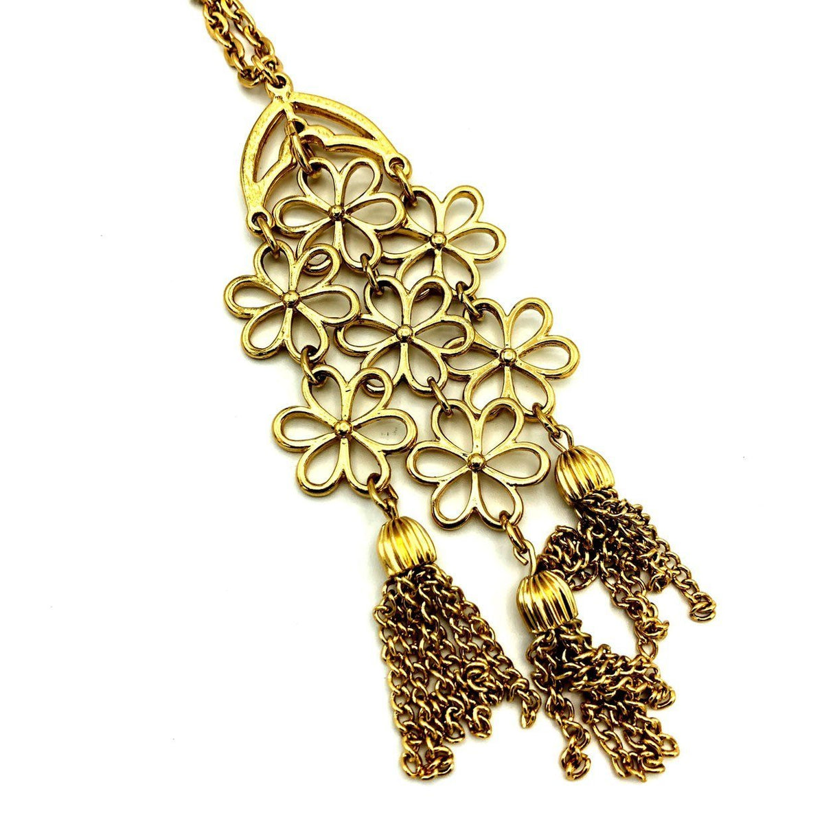 Gold Crown Trifari Flower Tassel Vintage Pendant - 24 Wishes Vintage Jewelry