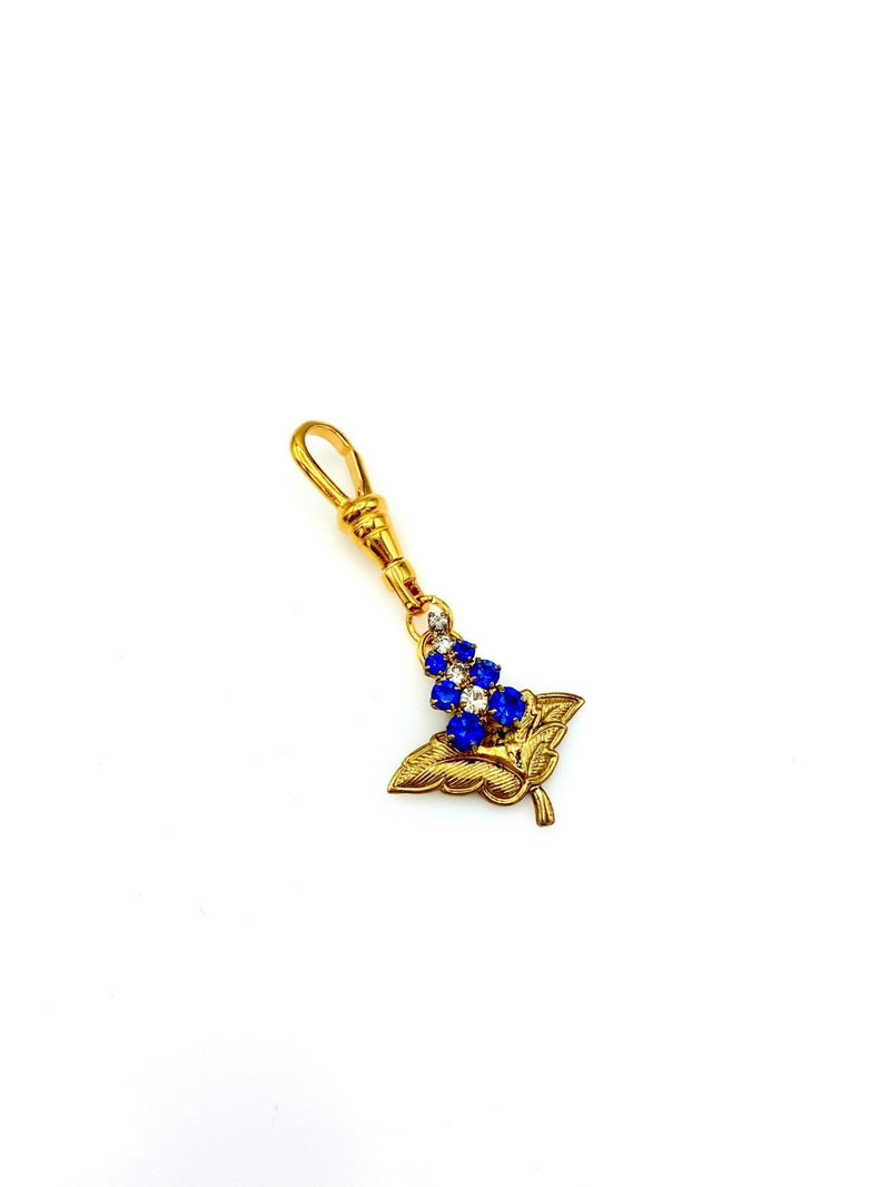 Gold Floral Blue Rhinestone Victorian Revival Charm - 24 Wishes Vintage Jewelry
