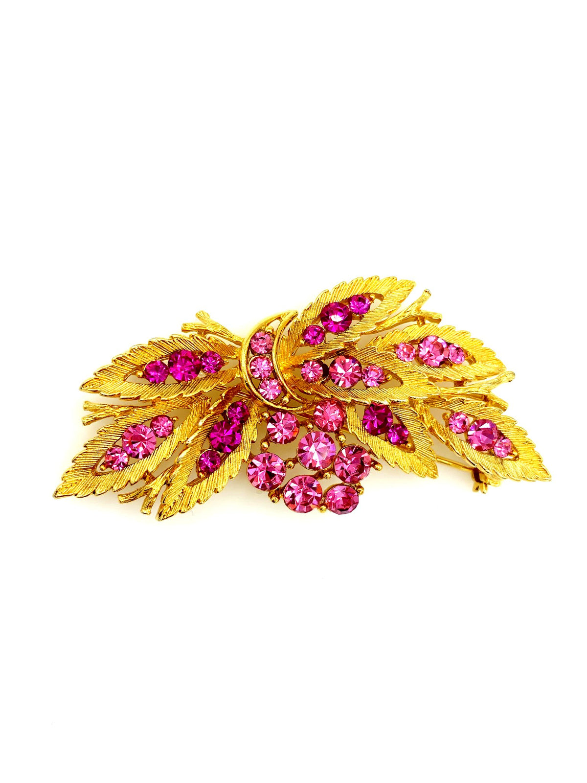 Gold Floral Pink Rhinestone Linser Vintage Brooch - 24 Wishes Vintage Jewelry