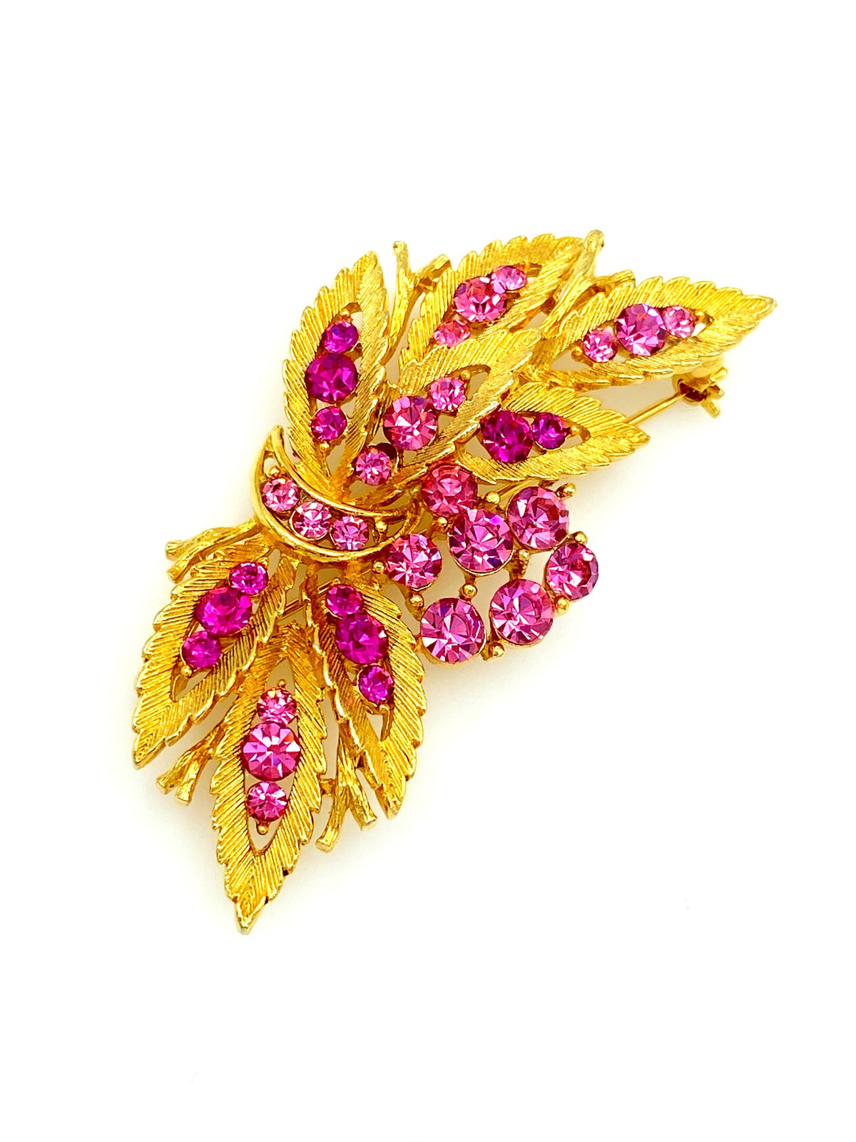 Gold Floral Pink Rhinestone Linser Vintage Brooch - 24 Wishes Vintage Jewelry
