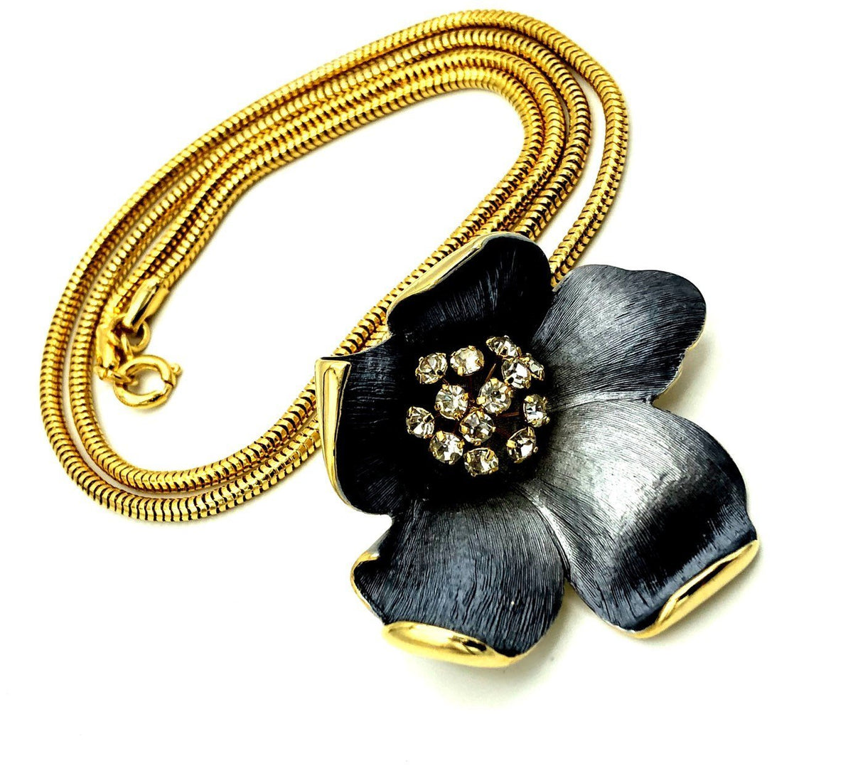 Gold Flower Black Enamel Rhinestone Vintage Pendant - 24 Wishes Vintage Jewelry
