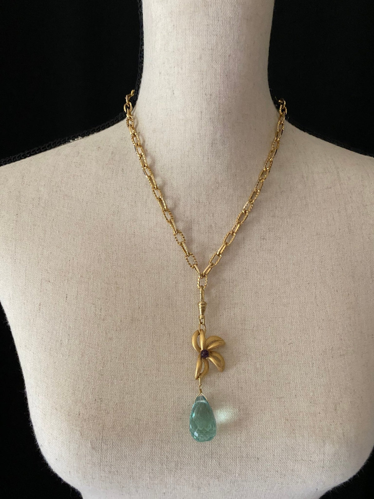 Gold Flower Blue Crystal Teardrop Charm - 24 Wishes Vintage Jewelry