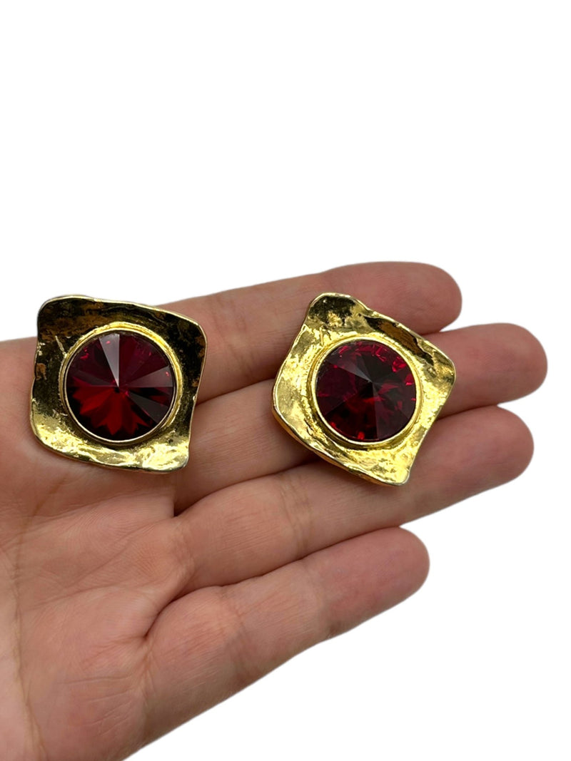 Gold Ginnie Johansen Round Red Ruby Large Rhinestone Clip-On Earrings - 24 Wishes Vintage Jewelry