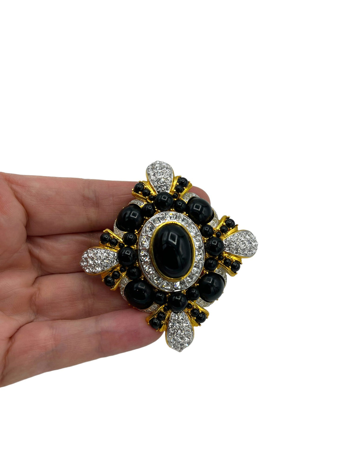 Gold Joan Rivers Black Onyx Cabochon Maltese Cross Vintage Brooch - 24 Wishes Vintage Jewelry