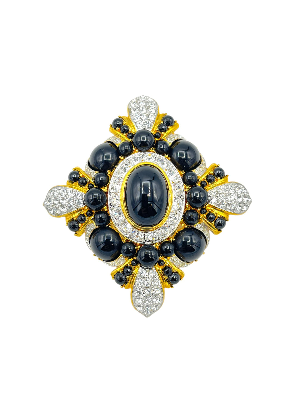 Gold Joan Rivers Black Onyx Cabochon Maltese Cross Vintage Brooch - 24 Wishes Vintage Jewelry
