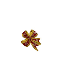 Gold Joan Rivers Red Enamel Pink Flower Rhinestone Bow Ribbon Brooch - 24 Wishes Vintage Jewelry