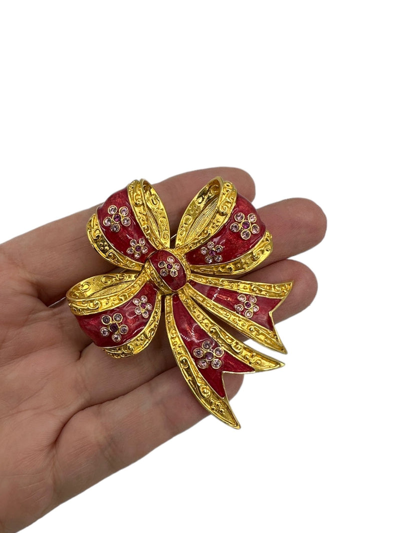 Gold Joan Rivers Red Enamel Pink Flower Rhinestone Bow Ribbon Brooch - 24 Wishes Vintage Jewelry