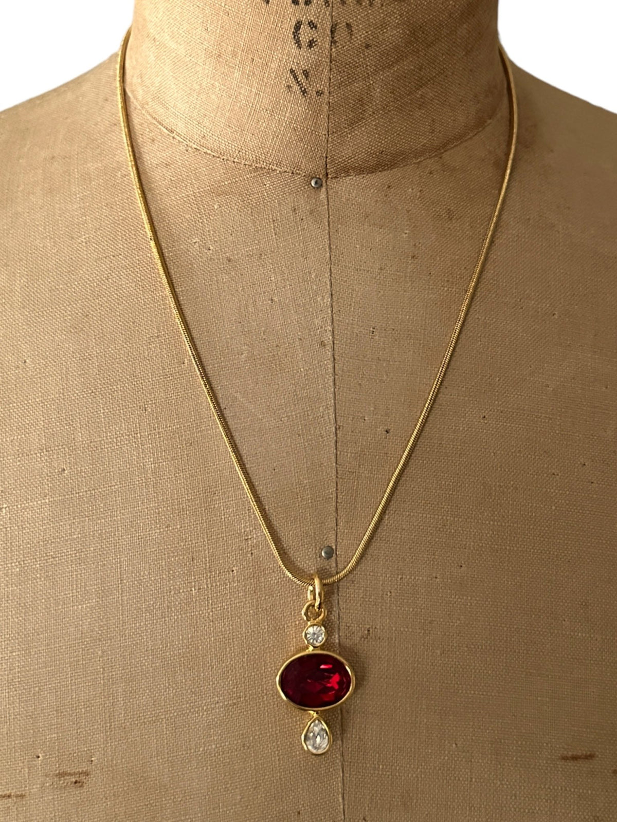 Gold Joan Rivers Red Oval Rhinestone Pendant - 24 Wishes Vintage Jewelry