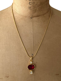 Gold Joan Rivers Red Oval Rhinestone Pendant - 24 Wishes Vintage Jewelry