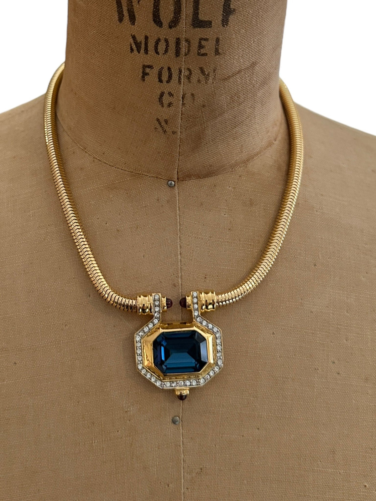 Gold Joan Rivers Sapphire Blue Rhinestone Statement Pendant - 24 Wishes Vintage Jewelry
