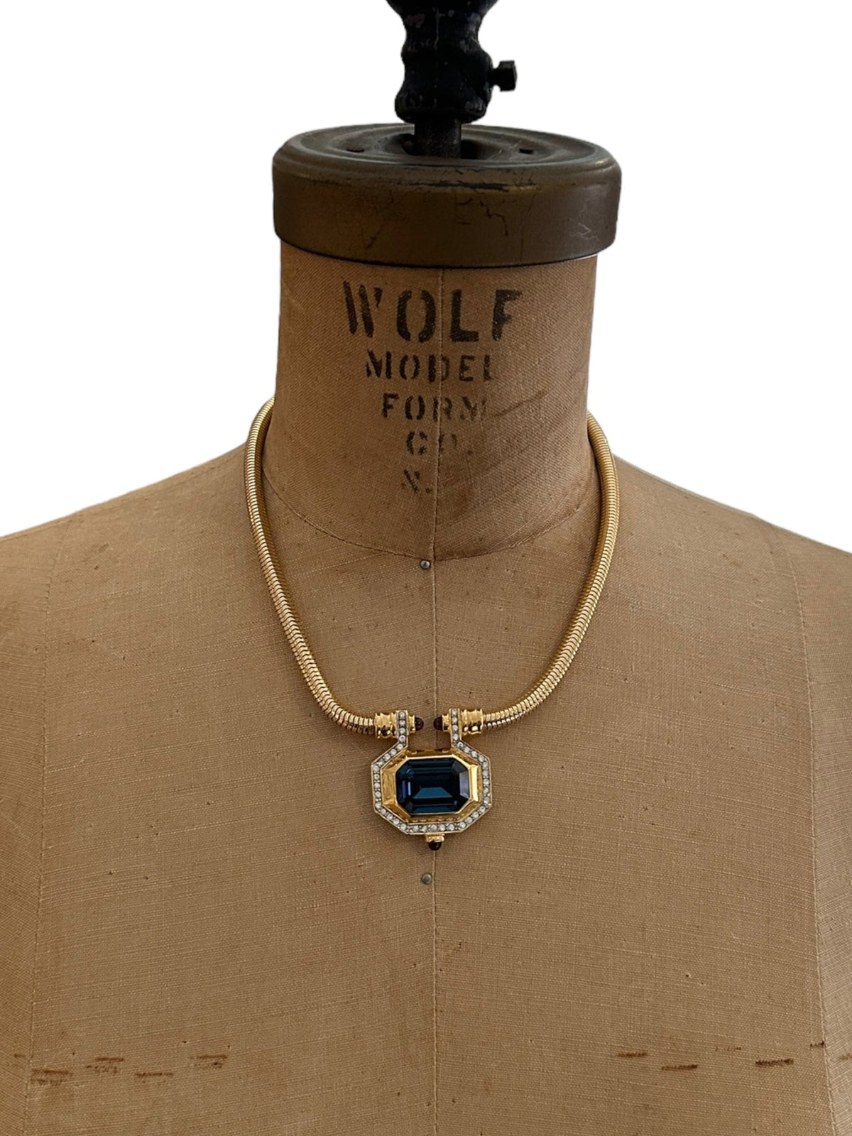 Gold Joan Rivers Sapphire Blue Rhinestone Statement Pendant - 24 Wishes Vintage Jewelry