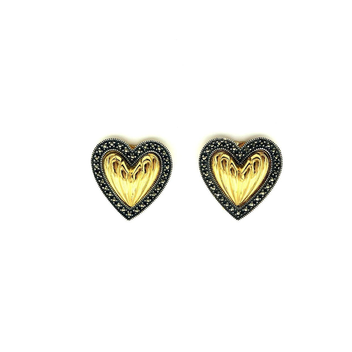 Gold Judith Jack Puffy Heart Sterling Vintage Clip-On Earrings - 24 Wishes Vintage Jewelry