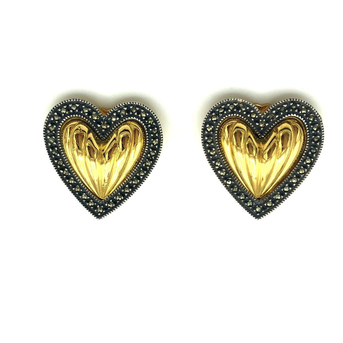 Gold Judith Jack Puffy Heart Sterling Vintage Clip-On Earrings - 24 Wishes Vintage Jewelry