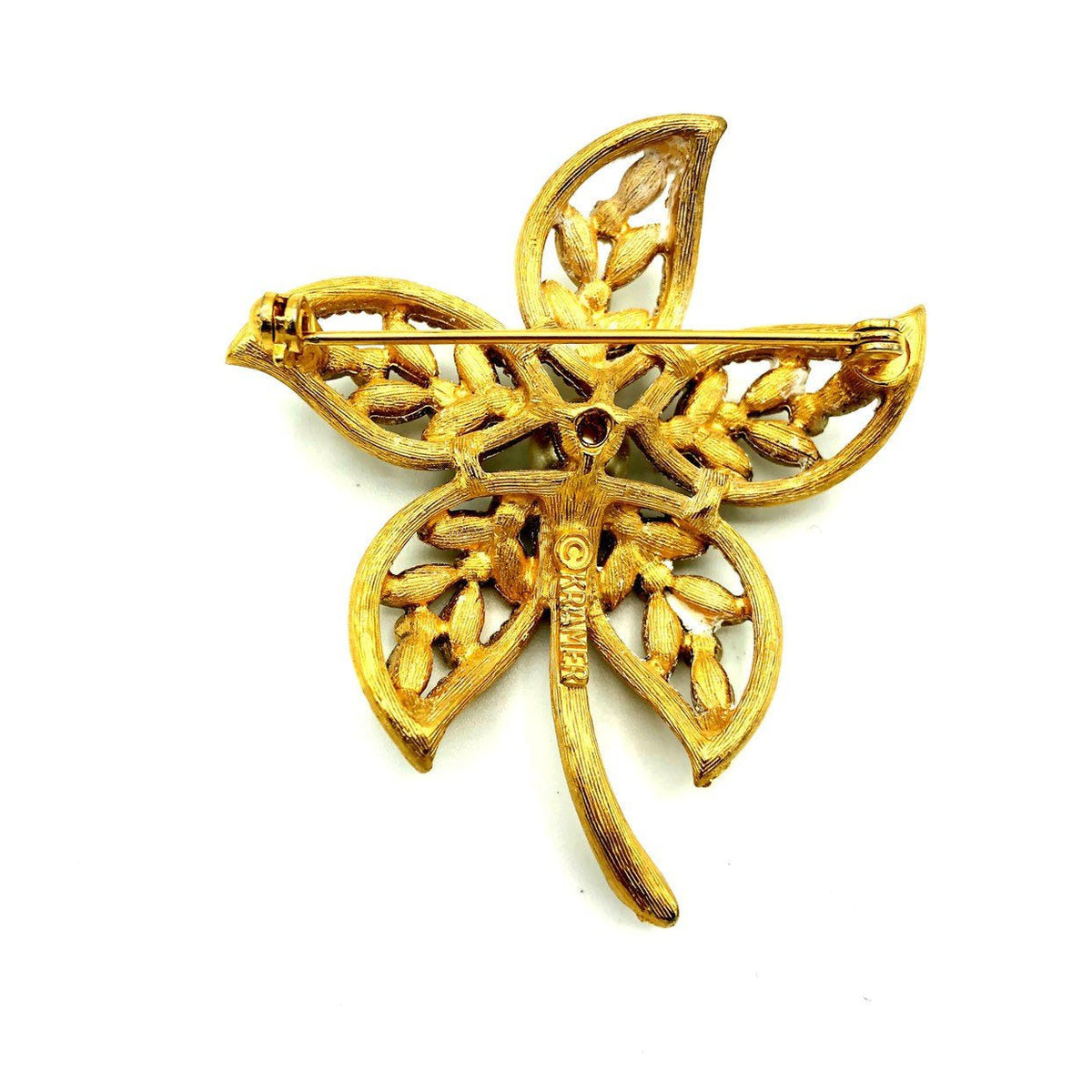 Gold Kramer Pearl & Rhinestones Vintage Flower Brooch - 24 Wishes Vintage Jewelry