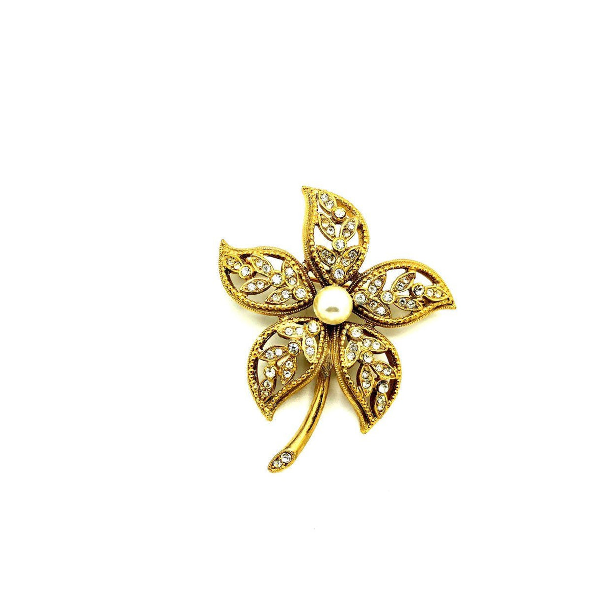 Gold Kramer Pearl & Rhinestones Vintage Flower Brooch - 24 Wishes Vintage Jewelry