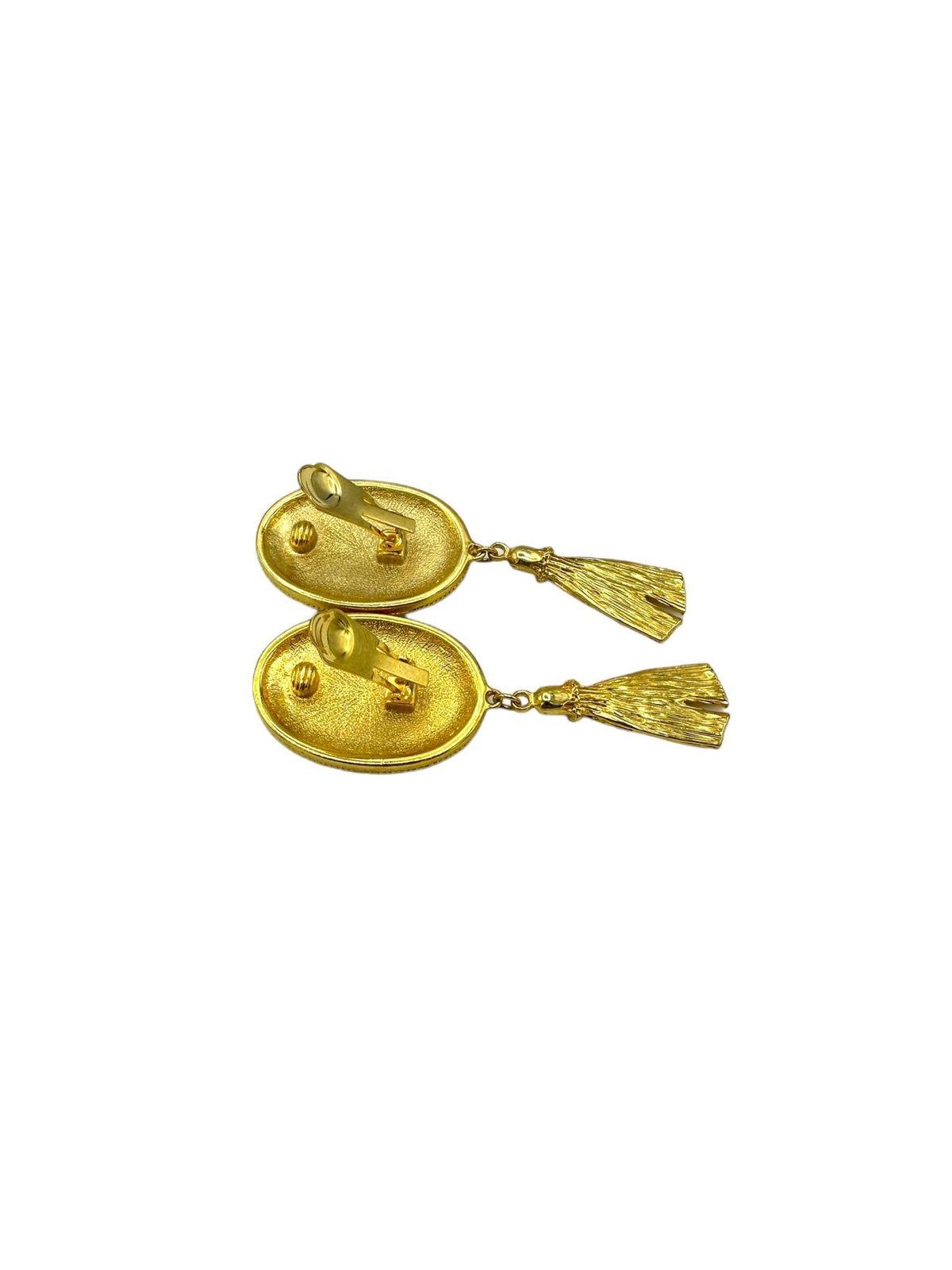 Gold Large Oval Black Enamel Tassel Dangle Statement Clip-On Earrings - 24 Wishes Vintage Jewelry