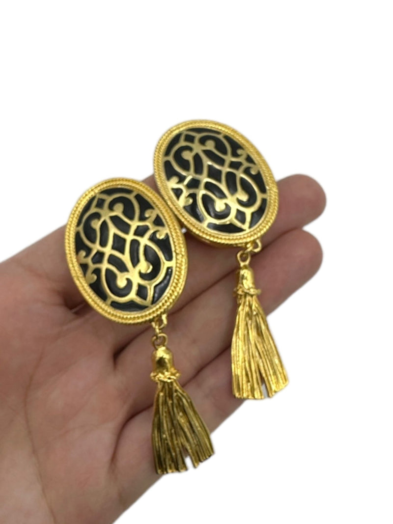 Gold Large Oval Black Enamel Tassel Dangle Statement Clip-On Earrings - 24 Wishes Vintage Jewelry