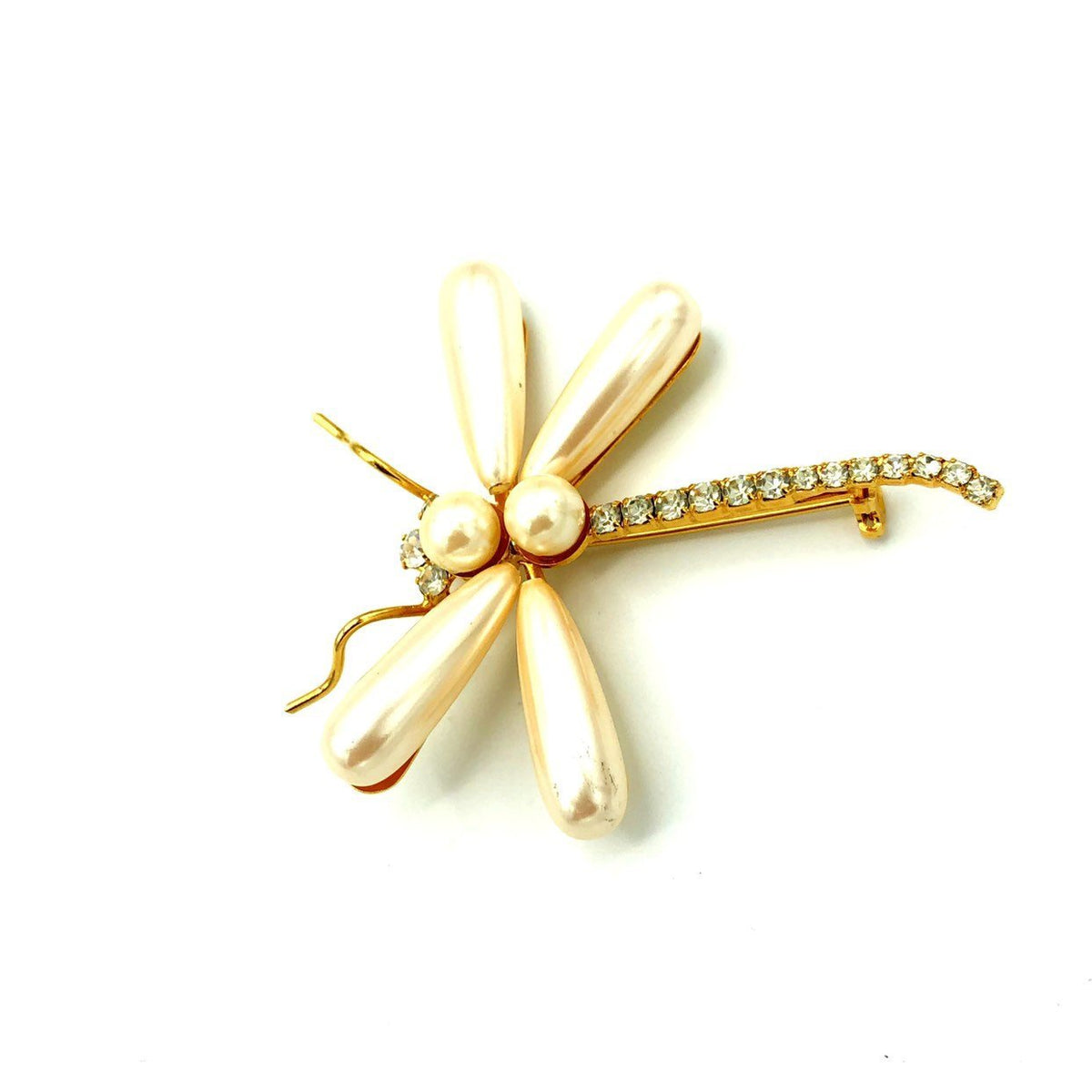 Gold Large White Pearl Dragonfly Vintage Brooch - 24 Wishes Vintage Jewelry