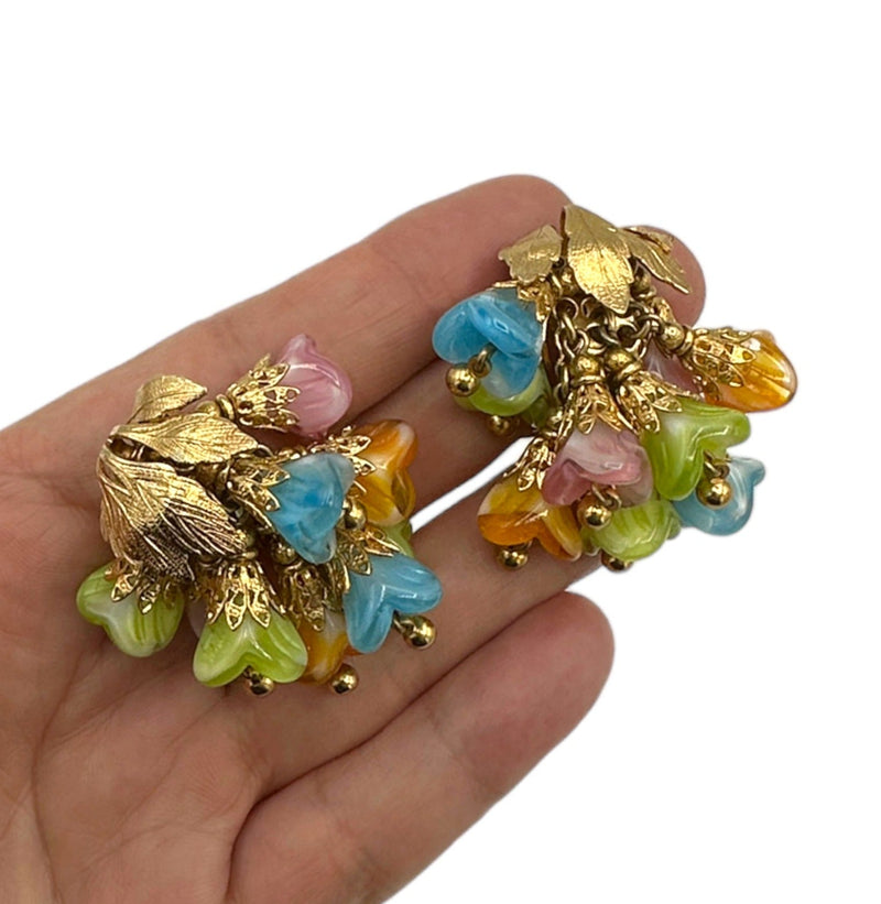 Gold Leaf Napier Glass Pastel Color Floral Dangle Clip-On Vintage Earrings - 24 Wishes Vintage Jewelry
