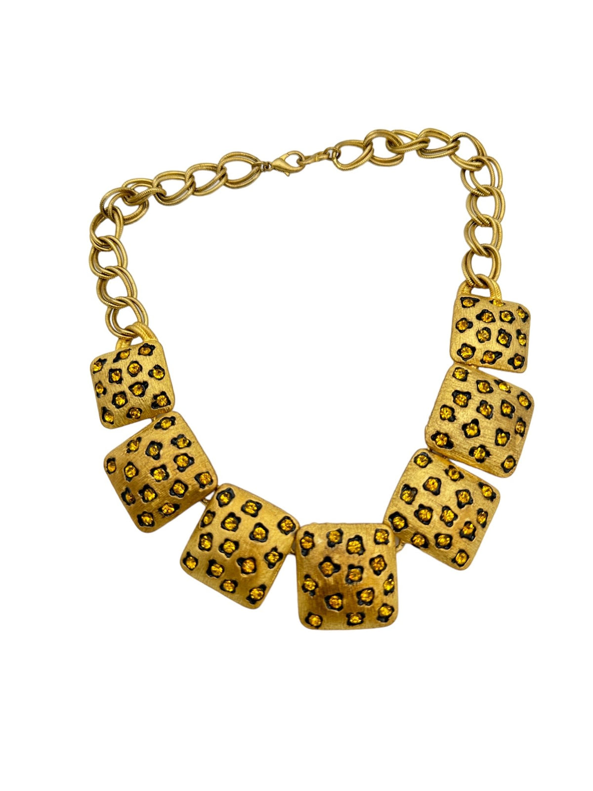 Gold Leopard Panel Necklace & Earring Golden Citrine Rhinestone Jewelry Set - 24 Wishes Vintage Jewelry