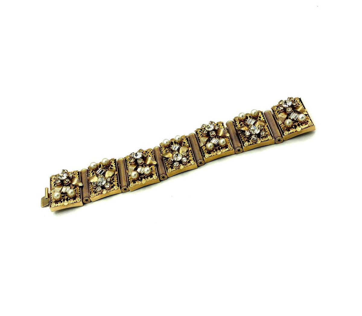 Gold Leru Floral Pearl & Rhinestone Panel Vintage Bracelet - 24 Wishes Vintage Jewelry