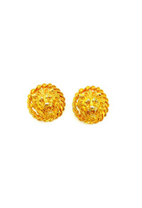 Gold Lion Medallion Pierced Earrings - 24 Wishes Vintage Jewelry