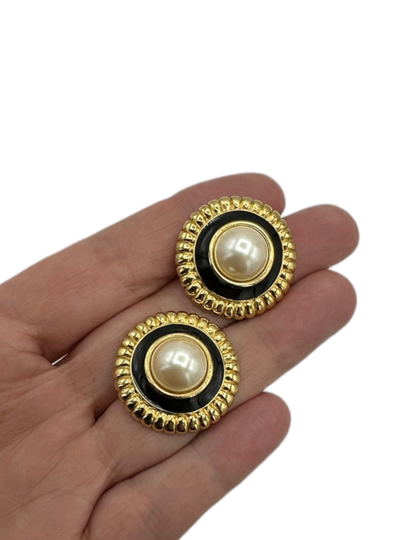 Gold Monet Round Pearl Black Enamel Classic Pierced Earrings - 24 Wishes Vintage Jewelry
