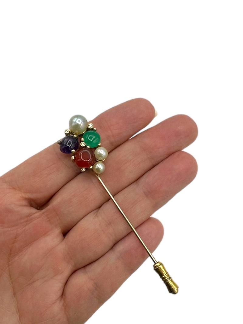 Gold Multi-Cabochon & Pearl Crystal Stick Pin - 24 Wishes Vintage Jewelry