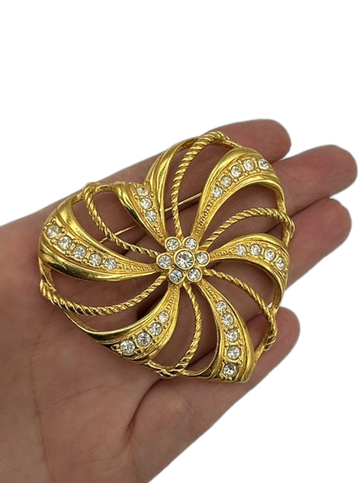 Gold Openwork Rhinestone Large Heart Romantic Trelles Avon Brooch - 24 Wishes Vintage Jewelry