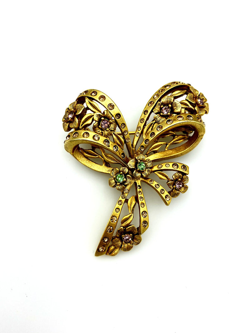 Gold Oscar De La Renta Feminine Bow & Flowers Brooch - 24 Wishes Vintage Jewelry