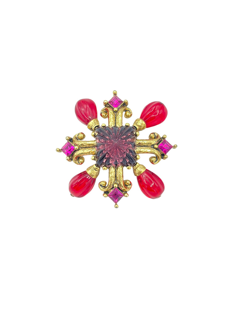 Gold Oscar De La Renta Pink Maltese Cross Brooch - 24 Wishes Vintage Jewelry