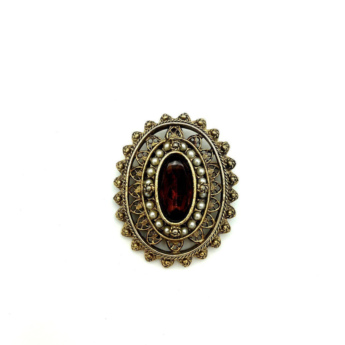 Gold Pauline Rader Victorian Revival Brown Glass Brooch Pendant - 24 Wishes Vintage Jewelry