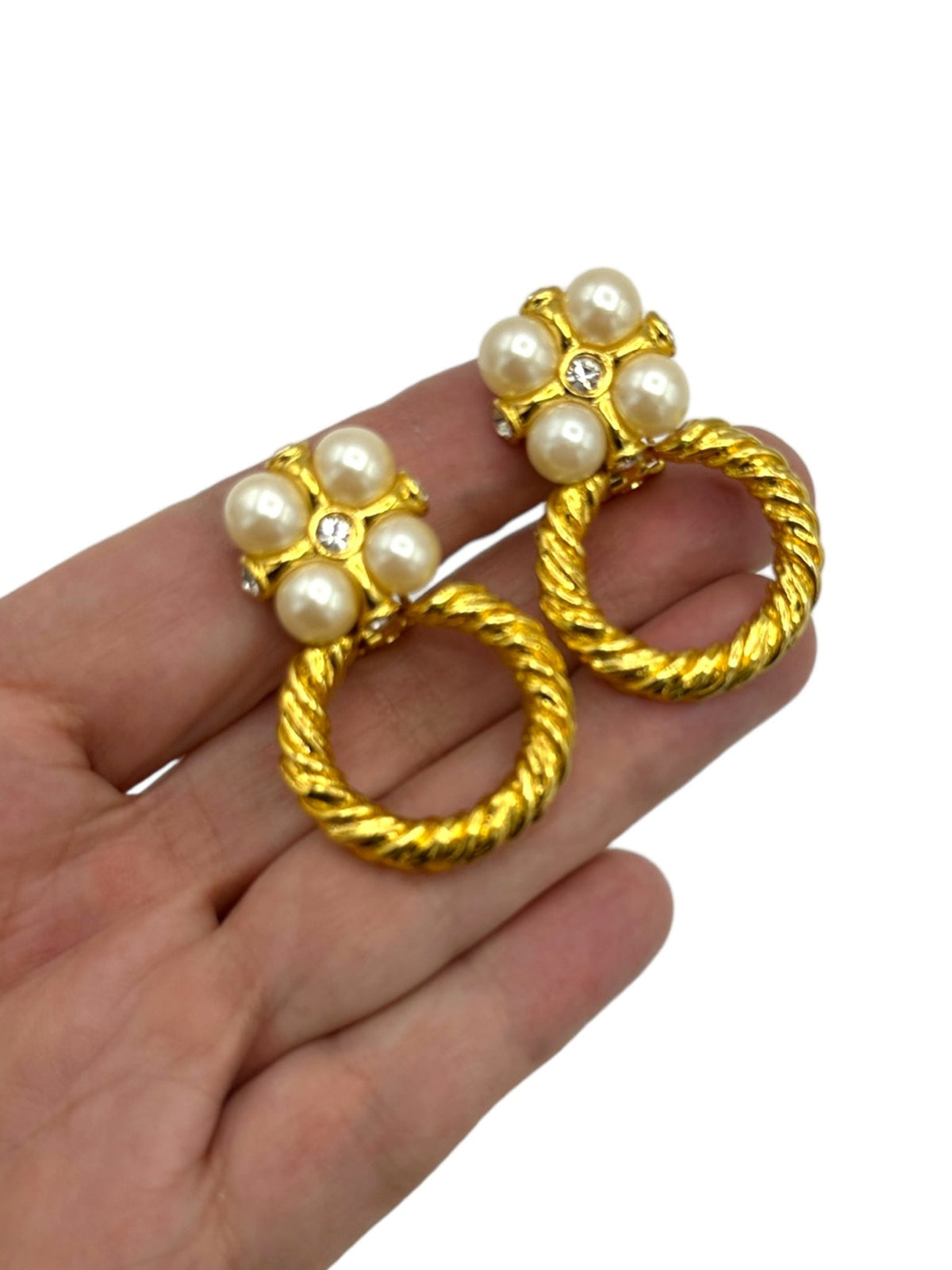 Gold Pearl Rhinestone Vintage Door Knocker Clip-On Earrings - 24 Wishes Vintage Jewelry