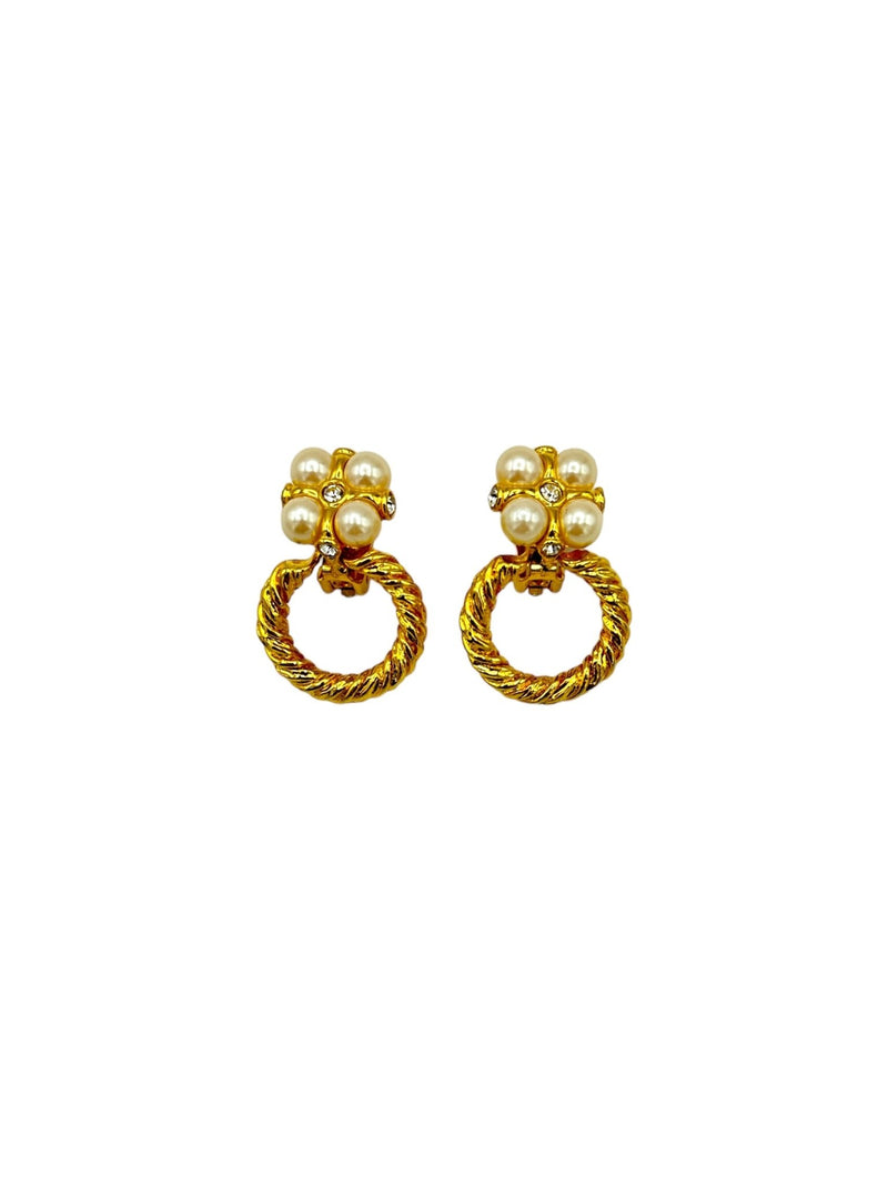 Gold Pearl Rhinestone Vintage Door Knocker Clip-On Earrings - 24 Wishes Vintage Jewelry
