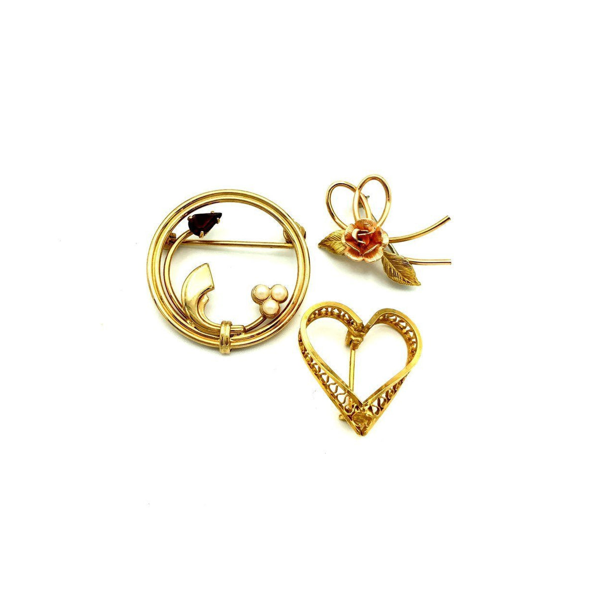 Gold Pearl Vintage Heart Brooch Scatter Pin Trio - 24 Wishes Vintage Jewelry