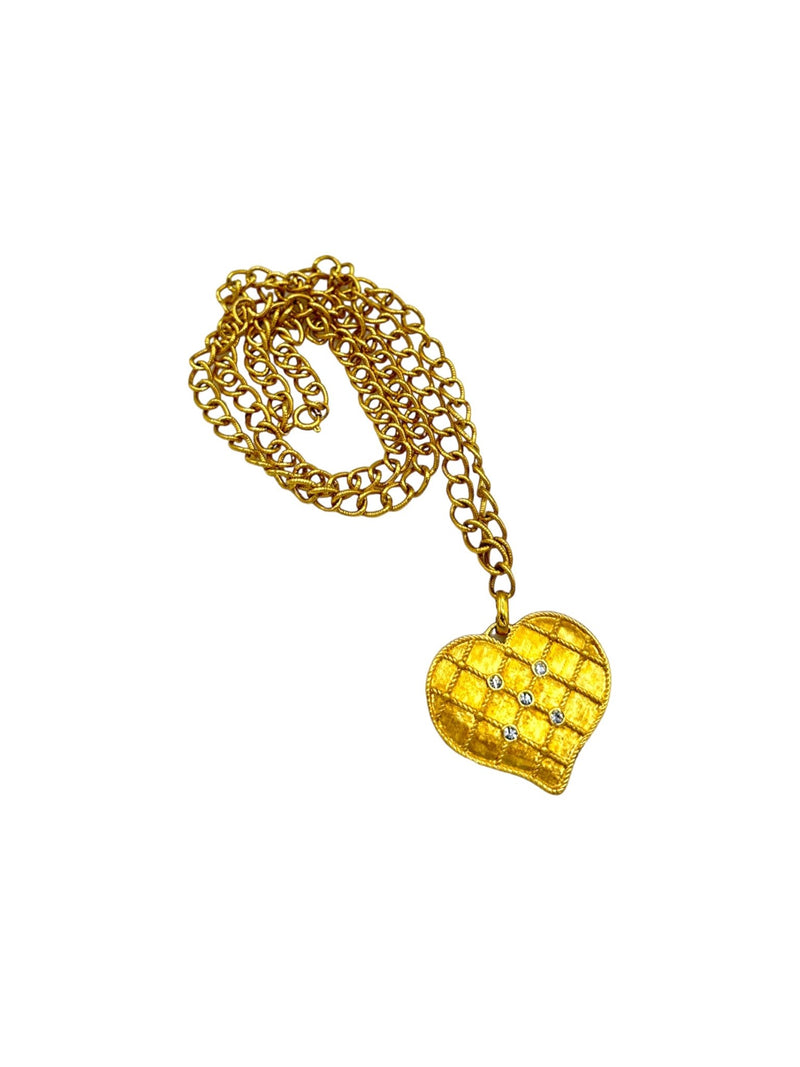 Gold Quilted Textured Rhinestone Heart Pendant - 24 Wishes Vintage Jewelry