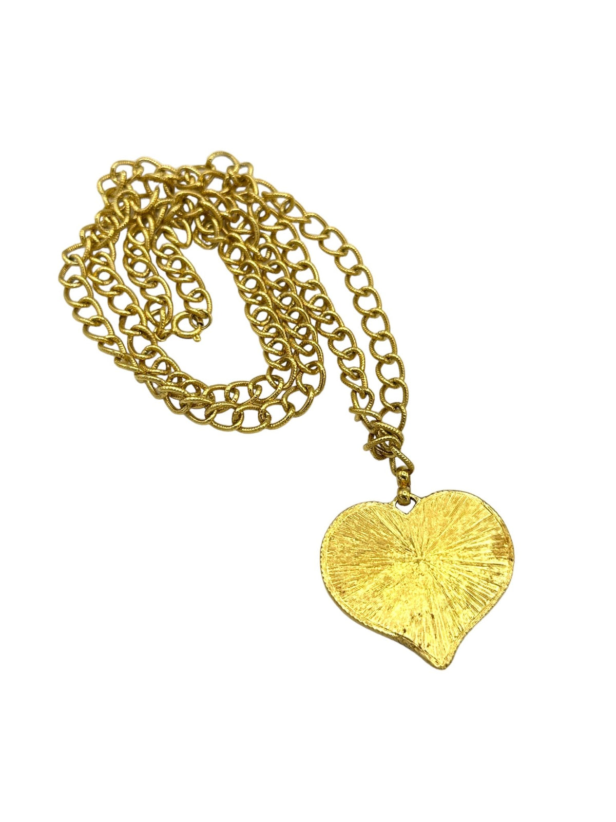 Gold Quilted Textured Rhinestone Heart Pendant - 24 Wishes Vintage Jewelry