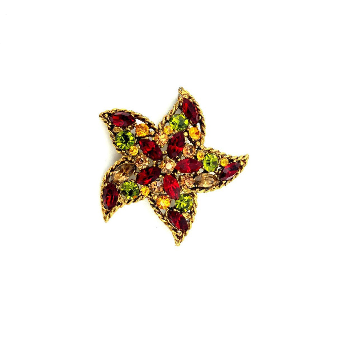 Gold Regency Red & Green Rhinestone Starfish Vintage Brooch - 24 Wishes Vintage Jewelry