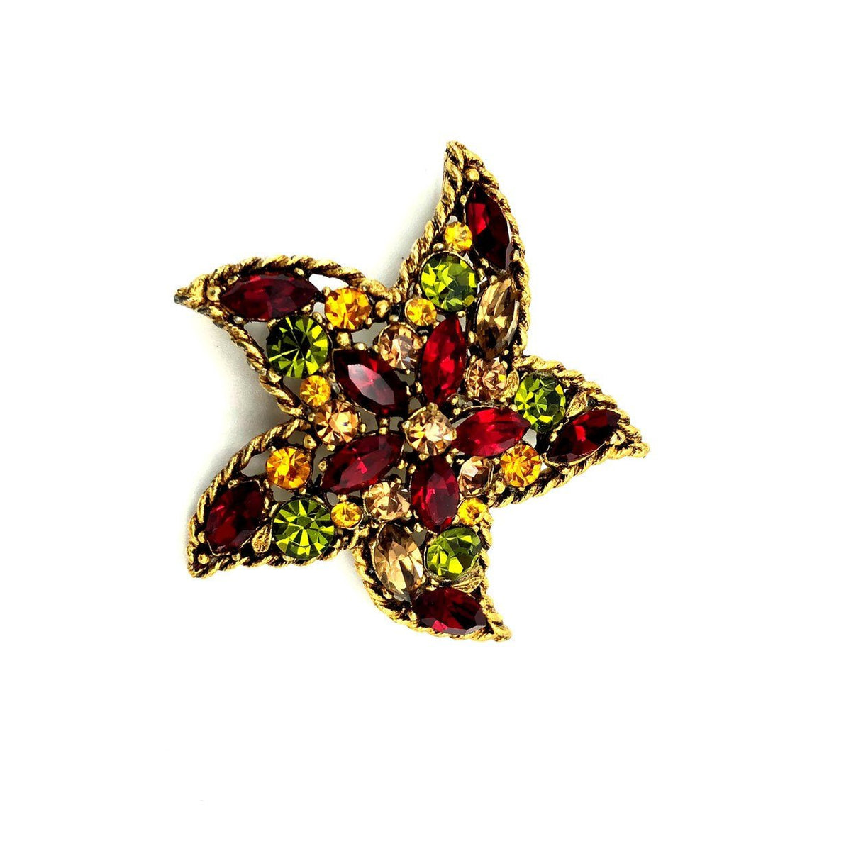 Gold Regency Red & Green Rhinestone Starfish Vintage Brooch - 24 Wishes Vintage Jewelry