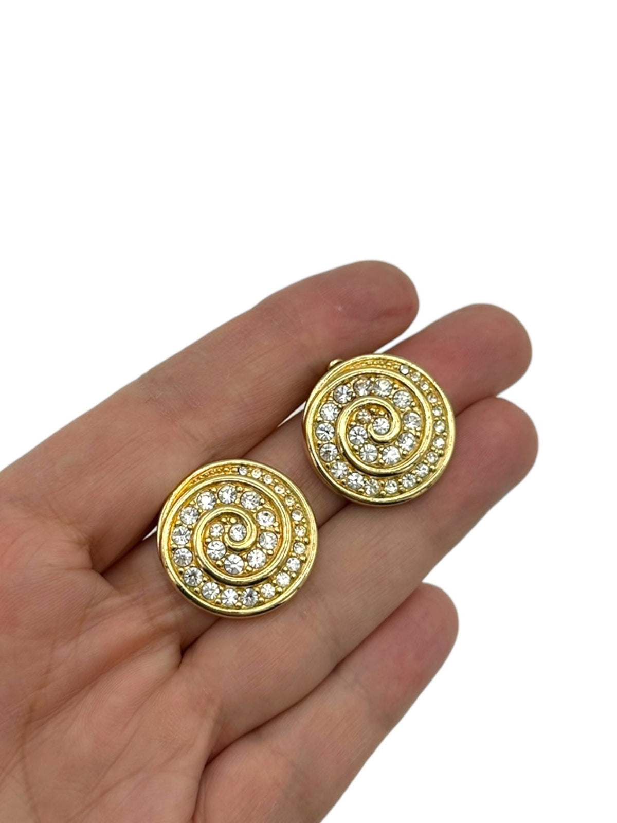 Gold Round Swarovski Clear Crystal Pave Rhinestone Clip-on Earrings - 24 Wishes Vintage Jewelry