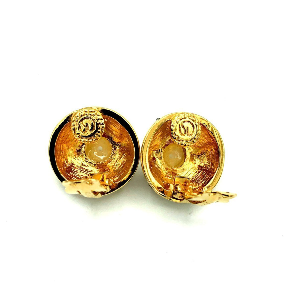 Gold St. John Round Enamel Pearl Vintage Clip-On Earrings - 24 Wishes Vintage Jewelry